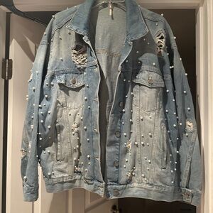Free People Light Blue Pearl Studded Denim Jacket